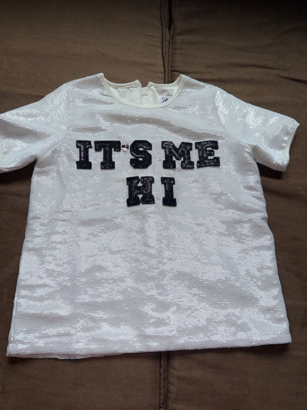 White Sequin Kids Top with black Lettering - "IT'S ME HI"